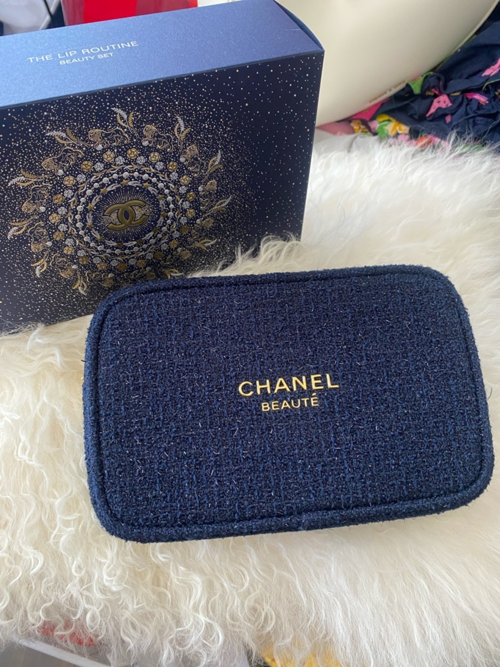CHANEL Beauty Navy Tweed Zip Pouch with Gold Logo NIB ✨💙